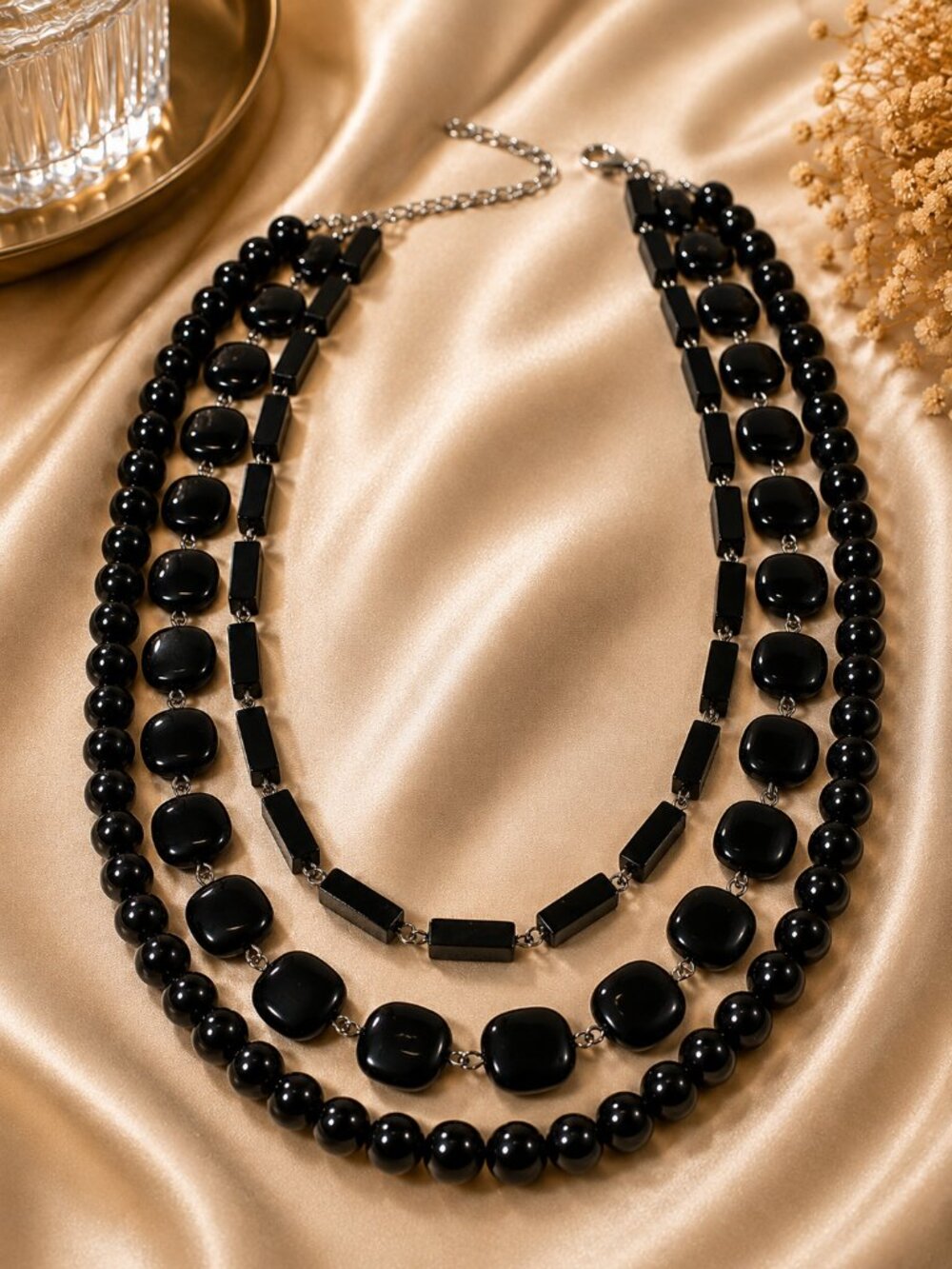Black Multi Strand Beaded Statement Necklace – Layered Silver Tone Jewelry - 19"